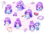  +_+ 1boy 1girl :d ^_^ animal_ears aubrey_(headspace)_(omori) aubrey_(omori) axe bandaid bandaid_on_leg bare_arms baseball baseball_bat basil_(headspace)_(omori) basil_(omori) battle_axe blue_dress blue_hair blue_overalls border bow bread bread_slice bright_pupils chibi chibi_only closed_eyes closed_mouth commentary_request dress eating eggplant_slice flower flower_wreath food fruit green_shirt hair_bow head_wreath highres holding holding_axe holding_baseball_bat holding_food holding_fruit kemonomimi_mode knees_up leaf long_hair looking_at_viewer mr._plantegg_(omori) multiple_views nail_(hardware) nail_bat omori open_mouth outside_border overall_shorts overalls pink_bow pink_flower pink_rose polka_dot polka_dot_background purple_eyes purple_flower purple_hair purple_rose rabbit_ears rabbit_girl rabbit_tail rose shirt short_hair short_sleeves simple_background sitting smile sparkle stuffed_eggplant stuffed_toy tail tray v-shaped_eyebrows watermelon watermelon_slice waving weapon white_background white_border white_pupils white_tail yuyuyu_m5 
