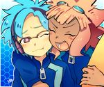  bad_id bad_pixiv_id blue_hair glasses goggles goggles_on_head headphones hug inazuma_eleven inazuma_eleven_(series) multiple_boys otomura_gakuya pengin_(pixiv528818) pink_hair short_hair tsunami_jousuke 