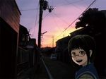 bad_id bad_pixiv_id brown_hair glasses grey_eyes original power_lines s-kan solo sunset 