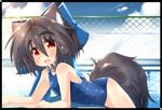  animal_ears black_hair blush bow chain-link_fence collar dog_ears dog_tail fang fence hair_bow kannagi_cocoa one-piece_swimsuit original pool red_eyes school_swimsuit shiny shiny_clothes solo swimsuit tail toba_hiyoko water wet wet_clothes 