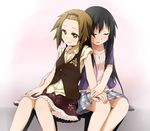  akiyama_mio alternate_costume alternate_hairstyle black_eyes black_hair blush brown_eyes brown_hair casual closed_eyes hairband hime_cut k-on! kagiana long_hair multiple_girls open_mouth short_hair simple_background skirt smile tainaka_ritsu very_long_hair white_background yuri 