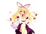  blonde_hair breasts cleavage fan folding_fan game_cg hair_ribbon hat large_breasts long_hair looking_at_viewer purple_eyes ribbon riv solo tachi-e touhou transparent_background yakumo_yukari 