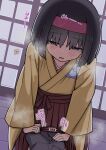  1boy 1girl absurdres black_hair blush breath brown_hakama commentary_request dark-skinned_male dark_skin erika_(pokemon) fingering hairband hakama hakama_skirt half-closed_eyes hand_under_clothes hand_under_skirt heart hetero highres japanese_clothes kimono leaning_forward long_sleeves open_mouth pokemon pokemon_firered_and_leafgreen short_hair skirt spoken_heart steaming_body sweat togeimeizin yellow_kimono 
