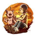  bad_id bad_pixiv_id brown_eyes brown_hair casual digimon digimon_adventure gloves grass hajime_(hajime-ill-1st) hat piyomon short_hair takenouchi_sora transparent_background 