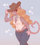  2025 4_fingers anthro arm_tuft arms_bent artist_name bangle belt belt_buckle blonde_hair blue_ascot blue_background blue_bottomwear blue_clothing blue_pants blush blush_lines bottomwear breasts brown_bangle brown_belt brown_clothing brown_hat brown_headwear buckle button_(fastener) cleavage closed_smile clothed clothing colored cowboy_hat cowgirl_outfit digital_drawing_(artwork) digital_media_(artwork) ear_tuft elbow_tuft english_description eyelashes eyelashes_through_hair eyelashes_through_hat female female_anthro fingers fur gesture grey_body grey_eyes grey_fur hair hand_on_hip hand_on_own_hip hat headgear headwear heart_(marking) heart_buckle heart_symbol hi_res inner_ear_fluff jewelry light lighting long_hair mammal markings medium_breasts midriff mouse mouth_closed murid murine pants pink_nose pockets portrait rodent shaded simple_background smile solo standing suzeart tail tail_gesture tail_heart text three-quarter_portrait tipping_hat topwear translucent translucent_hair tuft vest wavy_hair white_clothing white_inner_ear_fluff white_markings white_topwear white_vest wide_hipped_anthro wide_hipped_female 