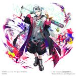  1boy ;o absurdres amano_misaki ankle_boots antenna_hair armored_boots bandaid bandaid_on_finger bandaid_on_hand bandana baseball_bat black_boots black_choker black_coat black_headband black_pants blue_hair blue_nails boots capri_pants chain chain-link_fence chain_necklace chinese_knot choker coat collarbone copyright_notice crossed_bangs dragon_tail earrings energy fake_horns fence fishnet_top fishnets full_body gyakuten_othellonia hair_between_eyes hands_up headband heart_locket highres holding holding_baseball_bat horned_headwear horns jewelry key leg_wrap long_sleeves looking_at_viewer male_focus multicolored_hair nail_(hardware) nail_bat nail_polish necklace official_art one_eye_closed one_side_up open_clothes open_coat open_mouth othellonia over_shoulder paint_splatter pants pendant_choker pink_coat puffy_pants purple_coat safety_pin sharp_teeth shirt simple_background solo standing t-shirt tail talisman tassel teeth torn_clothes torn_shirt two-sided_coat two-sided_fabric two-tone_hair untucked_shirt weapon weapon_over_shoulder white_background white_hair white_shirt wristband zipper 