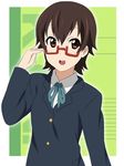  blazer blush brown_eyes brown_hair face glasses ikari_manatsu jacket k-on! manabe_nodoka necktie open_mouth red-framed_eyewear round_teeth school_uniform semi-rimless_eyewear short_hair skirt solo teeth under-rim_eyewear 