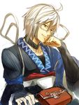  ahoge bag chin_rest choker face glasses japanese_clothes male_focus morichika_rinnosuke pouch shirabi silver_hair smile solo touhou yellow_eyes 