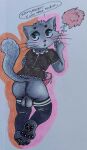 absurd_res animal_genitalia anthro balls big_balls big_butt blue_eyes bodily_fluids bottomless butt caught_off_guard cleaning_tool clothed clothing dialogue dripping embarrassed erection felid feline_genitalia femboy fur genital_fluids genitals grey_body grey_fur half_naked hi_res leaking_precum legwear looking_at_viewer looking_back maid_uniform male mammal nervous nervous_sweat paws precum precum_drip rear_view solo speech_bubble stockings summer4888 surprised sweat topwear traditional_media_(artwork) uniform walking