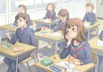  3girls anyasu blush book brown_eyes brown_hair chair chin_rest classroom desk glasses indoors kneehighs multiple_boys multiple_girls original pen pen_spinning school_desk school_uniform serafuku shoes socks spinning uwabaki writing 