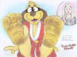 alternative_fashion bat_wings belt blonde_hair blouse blush bottomless canid canine canis clothed clothing dialogue dirty dirty_feet domestic_dog duo feet femboy foot_focus goth hair hanna-barbera hi_res hong_kong_phooey hong_kong_phooey_(character) human humanoid jewelry keikogi legs_up male mammal martial_arts_uniform mask membrane_(anatomy) membranous_wings out_of_frame pendant presenting robe rufe_squirrel sitting sportswear topwear traditional_media_(artwork) wings yellow_belt