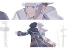  2boys :d armband black_coat black_hat brothers closed_eyes closed_mouth coat collared_coat commentary_request emmet_(pokemon) gloves grey_eyes grey_hair happy hat ingo_(pokemon) korean_commentary long_sleeves male_focus multiple_boys open_mouth peaked_cap pointing pokemon pokemon_black_and_white seku_000 siblings smile white_coat white_hat 