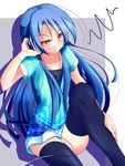  bad_id bad_pixiv_id black_legwear blue_hair brown_eyes dress frown headphones highres idolmaster idolmaster_(classic) idolmaster_2 kisaragi_chihaya long_hair natsu_(anta_tte_hitoha) panties pantyshot solo striped striped_panties thighhighs underwear very_long_hair 