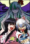  angry black_hair cd contemporary ex-keine fujiwara_no_mokou full_moon green_hair headphones horns houraisan_kaguya ishikawa_yuga kamishirasawa_keine long_hair moon multiple_girls open_mouth red_eyes ribbon touhou white_hair 