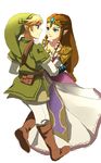  1girl armor blonde_hair blue_eyes braid brown_hair couple dancing dress earrings elbow_gloves gloves hat hetero hug jewelry link long_hair muse_(rainforest) pointy_ears princess_zelda shoulder_pads the_legend_of_zelda the_legend_of_zelda:_twilight_princess tiara 