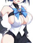  1girl black_gloves black_skirt blue_bow blue_gem bow breast_focus breasts detached_sleeves fang gem gloves grey_sleeves heart-shaped_gem highres hololive hololive_english huge_breasts open_mouth ouro_kronii ouro_kronii_(1st_costume) p_protocoll shirt simple_background skirt solo striped_clothes striped_skirt white_background white_shirt 