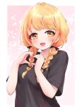  1girl black_shirt blonde_hair blush braid ch-b commentary_request fang fujita_kotone gakuen_idolmaster heart heart_hands highres idolmaster long_hair looking_at_viewer open_mouth shirt skin_fang smile solo twin_braids upper_body yellow_eyes 