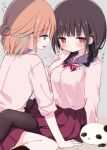  2girls aqua_eyes arm_at_side arm_support black_hair blush bow bowtie braid brown_hair closed_mouth collared_shirt commentary_request couple diagonal-striped_bow diagonal-striped_bowtie diagonal-striped_clothes dot_nose grey_background half_updo hand_on_another's_cheek hand_on_another's_face heart long_sleeves medium_hair miniskirt multicolored_hair multiple_girls open_mouth original pleated_skirt profile red_bow red_bowtie red_eyes red_skirt school_uniform shirt simple_background sitting skirt small_sweatdrop streaked_hair striped_bow striped_bowtie striped_clothes stuffed_animal stuffed_panda stuffed_toy tanuki_makura three-quarter_sleeves translation_request twin_braids white_shirt wing_collar wispy_bangs yuri 