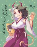  1girl 2021 armpits blanket breasts chinese_zodiac collarbone commentary_request cowboy_shot detached_sleeves fang green_background grey_hair grin hakama hakama_pants hand_up horns japanese_clothes large_breasts multicolored_hair open_mouth pants purple_eyes purple_hakama rock shirt smile solo tako_(plastic_protein) touhou translation_request two-tone_hair ushizaki_urumi waving white_shirt year_of_the_ox 