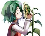  closed_eyes eyelashes flower gatau green_hair kazami_yuuka lipstick makeup short_hair simple_background solo sunflower touhou vest white_background 