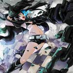  angry arm_cannon belt bikini_top black_hair black_rock_shooter black_rock_shooter_(character) blue_eyes boots burning_eye chain checkered checkered_floor gloves glowing glowing_eye jacket kyuusugi_toku long_hair midriff open_mouth scar shorts solo star stitches twintails uneven_twintails weapon 