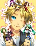  3boys 6+girls aqua_eyes bad_id bad_pixiv_id blonde_hair blue_eyes blue_hair blue_scarf blush brown_eyes brown_hair chibi closed_eyes everyone goggles goggles_on_head green_eyes green_hair gumi hair_ribbon hatsune_miku headphones headset heart holding kagamine_len kagamine_rin kaito kamui_gakupo long_hair lying matsunaka_hiro megurine_luka meiko miniboy minigirl multiple_boys multiple_girls one_eye_closed open_mouth orange_hair pink_hair ponytail purple_hair red_eyes ribbon scarf sf-a2_miki short_hair sitting smile spring_onion sweatdrop twintails very_long_hair vocaloid 