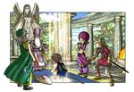  4boys absurdres angel_wings armor barefoot beads beard book boots bracelet chainmail clapping dharma_priest_(dq9) dragon_quest dragon_quest_ix facial_hair gloves hat hero_(dq9) highres jewelry magic midriff multiple_boys navel necklace official_art old old_man robe sandals sheath shield statue sword toriyama_akira turban weapon wings 