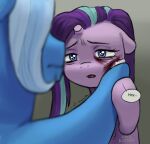 absurd_res abuse abused aftercare blood blood_on_face bloodymrr blue_body blue_hair bodily_fluids duo duo_focus ears_down equid equine female female/female feral friendship_is_magic grey_background group hair half-length_portrait hand_on_face hand_on_hand hasbro hi_res hopeful horn looking_at_another mammal mlp_g4 my_little_pony mythological_creature mythological_equine mythology napkin pink_body pivoted_ears portrait purple_hair shaking simple_background speech_bubble starlight_glimmer_(mlp) tears trixie_(mlp) unicorn wiping_face worried worried_look wounded