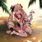  1girl barefoot beach black_bow blonde_hair bow brown_eyes closed_mouth collarbone commentary covered_navel day drill_hair elise_(fire_emblem) elise_(tropical_flower)_(fire_emblem) fire_emblem fire_emblem_fates flat_chest flower flower_collar flower_necklace frilled_one-piece_swimsuit frills game_asset hair_bow kozaki_yuusuke lei long_hair looking_at_object official_alternate_costume official_art one-piece_swimsuit outdoors palm_tree purple_eyes sand shade sitting smile solo swimsuit third-party_source tree tree_shade twin_drills twintails wariza wreath 