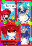  2girls apron blue_eyes blue_hair carhop dress empty_eyes gloves hatsune_miku highres kasane_teto kasane_teto_(sv) mesmerizer_(vocaloid) multiple_girls puffy_short_sleeves puffy_sleeves red_eyes red_hair shaded_face short_sleeves sio_potechi smile striped_clothes striped_dress synthesizer_v vocaloid waitress yellow_gloves 