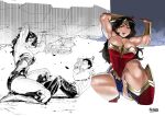  1boy 1girl absurdres arnanra bare_shoulders biceps black_hair blue_eyes breasts dc_comics highres hood hoodie kneeling large_breasts leotard lifting_object long_hair multiple_views muscular muscular_female superhero_costume thick_thighs thighs tiara wonder_woman wonder_woman_(series) 