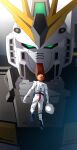  1boy absurdres amuro_ray bodysuit boots brown_hair char's_counterattack colored_shoe_soles commentary_request facing_away from_behind gloves green_eyes gundam helmet highres holding holding_unworn_helmet mecha mecha_pilot_suit mobile_suit normal_suit_(gundam) nu_gundam nvig00 pilot_helmet robot science_fiction short_hair space_helmet spacesuit unworn_headwear unworn_helmet v-fin white_bodysuit white_boots white_gloves zero_gravity 