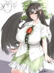  absurdres alternate_breast_size_(larger) animalization artist_name bird_wings black_hair black_wings bow breasts chest_eye collared_shirt commentary control_rod_(touhou) disembodied_linked_eye frilled_skirt frills green_bow green_skirt hair_bow highres large_breasts lazyseal long_hair looking_at_viewer open_mouth person_and_animalization reiuji_utsuho seal_(animal) shirt sitting skirt third_eye touhou variant_set white_background white_shirt wings yellow_eyes 