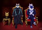 2025 anthro award canid canine canis cape chair claws clothed clothing crossed_arms crossed_legs duo eyewear fan_character fur furniture glowing glowing_clothing goggles hi_res inner_ear_fluff looking_at_viewer male mammal mask on_chair red_carpet signature sitting sitting_on_chair superhero superhero_costume table taskmaster_(tv_series) the_taskmaster's_assistant the_taskmaster_(taskmaster) thedecisivepanda trophy trophy_head tuft wolf