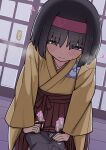  ... 1boy 1girl absurdres black_hair blush breath brown_hakama closed_mouth commentary_request dark-skinned_male dark_skin erika_(pokemon) fingering grey_eyes hairband hakama hakama_skirt half-closed_eyes hand_under_clothes hand_under_skirt hetero highres japanese_clothes kimono leaning_forward long_sleeves pokemon pokemon_firered_and_leafgreen short_hair skirt spoken_ellipsis sweatdrop togeimeizin yellow_kimono 
