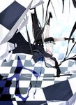  aka_ume back bikini_top black_hair black_rock_shooter black_rock_shooter_(character) blue_eyes boots burning_eye chain checkered coat long_hair pale_skin scar shorts solo sword twintails weapon 