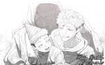  3boys age_progression blush child closed_mouth dated greyscale hand_on_another's_head happy happy_birthday hat hood hood_down hood_up hooded_jacket itadori_yuji jacket jujutsu_kaisen looking_at_another male_focus monochrome multiple_boys no_seng07 party_hat scar scar_on_face scar_on_forehead scar_on_mouth short_hair sideburns undercut 