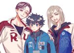  29o52413 3boys black_hair blonde_hair blue_eyes cosplay crossover earrings green_eyes hair_between_eyes haitani_ran hanagaki_takemichi jewelry katsuki_yuuri katsuki_yuuri_(cosplay) long_hair long_sleeves male_focus multicolored_hair multiple_boys purple_eyes purple_hair sanzu_haruchiyo scar scar_on_face scar_on_mouth short_hair simple_background single_earring straight_hair streaked_hair tokyo_revengers two-tone_hair upper_body viktor_nikiforov viktor_nikiforov_(cosplay) yuri!!!_on_ice yuri_plisetsky yuri_plisetsky_(cosplay) 
