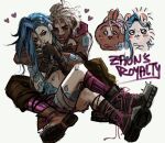  arcane:_league_of_legends arm_tattoo asymmetrical_bangs blue_hair braid bullet bullet_necklace cloud_tattoo couple dreadlocks ekko_(league_of_legends) highres iwachansarm jinx_(league_of_legends) league_of_legends pants pink_pants shoulder_tattoo stomach_tattoo striped_clothes striped_pants tattoo twin_braids 