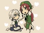  apron blue_eyes bow braid chibi daina_(encore62) green_eyes hair_bow heart holding_hands hong_meiling izayoi_sakuya long_hair maid maid_headdress multiple_girls open_mouth pants pointing red_hair short_sleeves sitting star touhou twin_braids vest white_hair wrist_cuffs wristband 