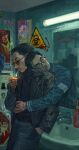  2boys absurdres bathroom belt black_hair black_jacket black_shirt denim different_shadow disco_elysium dual_persona english_text glowing graffiti hand_in_pocket head_on_another's_shoulder highres holding holding_lighter hug hug_from_behind indoors jacket jeans jewelry kim_kitsuragi kozmoraven1610 leaning_back lighter lighting_cigarette male_focus multiple_boys own_hands_together painterly pants realistic ring road_sign round_eyewear shirt sign sink stop_sign through_medium through_mirror tile_wall tiles variant_set 