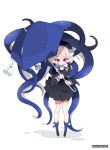  1girl black_dress black_hat black_jacket blonde_hair blue_ribbon commentary dress ecron_(keitaiware) full_body grin hat highres holding holding_umbrella jacket long_sleeves looking_at_viewer neck_ribbon pinstripe_dress pinstripe_pattern pleated_dress red_eyes ribbon sailor_hat school_uniform short_hair simple_background smile solo standing tentacles teruterubouzu twitter_username two-handed two_side_up ui_(voisona) umbrella untranslatable_commentary voisona white_background 