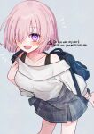  1girl absurdres backpack bag blouse blush collarbone commentary cowboy_shot eyes_visible_through_hair fate/grand_order fate_(series) hair_over_one_eye harukappa highres leaning_forward looking_at_viewer mash_kyrielight miniskirt notice_lines off-shoulder_shirt off_shoulder open_mouth pink_hair plaid_clothes plaid_skirt purple_eyes shirt short_hair skirt solo watch white_shirt wristwatch 