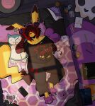 absurd_res alternative_fashion anthro bed bedroom belly bone bottomwear card cellphone clothing day detailed_background ear_piercing electronics emo emo_haircut female footwear furniture generation_1_pokemon handwear headphones heart_symbol hi_res jigglypuff legwear light lying lying_on_bed nintendo on_bed pants pencil_(object) phone piercing pikachu pillow plushie pokemon pokemon_(species) pokemon_card portable_music_player relaxing shirt shoes skull slightly_chubby slippers snorlax solo spark_(roonoodles) star sunlight thick_thighs thigh_highs topwear vinyl_record yamgler yellow_body