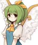  1girl 7010 archived_source ascot blue_vest blush blush_stickers bow closed_mouth collar daiyousei fairy feathered_wings green_eyes green_hair hair_bow looking_at_viewer lowres ponytail puffy_short_sleeves puffy_sleeves shirt short_sleeves solo touhou upper_body vest white_shirt wings yellow_ascot 