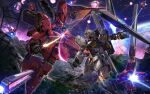  absurdres arm_shield asteroid axis_(gundam) char's_counterattack clash commentary duel earth_(planet) energy_sword english_commentary firing funnels_(gundam) glowing glowing_eyes green_eyes gundam highres holding holding_sword holding_weapon mecha mecha_focus mf_draws mobile_suit no_humans nu_gundam one-eyed planet robot sazabi science_fiction space sword sword_clash v-fin weapon 
