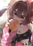  1girl animal_ears animal_print black_choker black_shirt bone_print breasts brown_hair cartoon_bone chocolate chocolate_cornet chocolate_on_body chocolate_on_breasts choker cleavage clothing_cutout commentary croissant dog_ears dog_girl dog_print dog_tail double-parted_bangs eating food food_on_body fur-trimmed_sleeves fur_trim futo-inu hair_between_eyes hair_intakes highres holding holding_food hololive hoso-inu inugami_korone inugami_korone_(roomwear) jacket large_breasts long_sleeves looking_at_food nail_polish official_alternate_costume open_clothes open_jacket pink_jacket pink_nails print_shirt red_eyes shirt shoulder_cutout solo t-shirt tail untranslatable_commentary virtual_youtuber yubi_yubi_(inugami_korone) yuuppi 