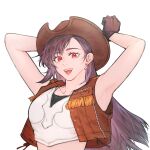  1girl armpits bare_shoulders black_hair breasts brown_hat brown_vest collarbone cowboy_hat cowboy_western cowgirl_(western) crop_top cropped_vest earrings final_fantasy final_fantasy_vii final_fantasy_vii_rebirth final_fantasy_vii_remake gloves hat jewelry leather leather_vest linono long_hair looking_at_viewer medium_breasts midriff official_alternate_costume red_eyes smile teardrop_earrings tifa_lockhart tifa_lockhart_(cowgirl) vest 