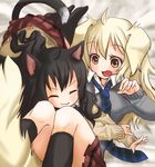  ahoge animal_ears black_hair black_legwear blonde_hair brown_eyes cat_ears cat_tail closed_eyes dog_ears dog_tail kneehighs multiple_girls necktie nekoya_saki open_mouth original school_uniform skirt socks surprised sweater tail 