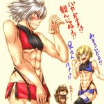  2boys abs animal_ears bad_id bad_pixiv_id blazblue blush cosplay crossdressing izayan jin_kisaragi makoto_nanaya makoto_nanaya_(cosplay) male_focus midriff multiple_boys muscle ragna_the_bloodedge squirrel_tail tail thighhighs translated 
